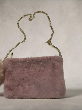 Mauve Faux Fur Crossbody Bag with Gold Chain Strap